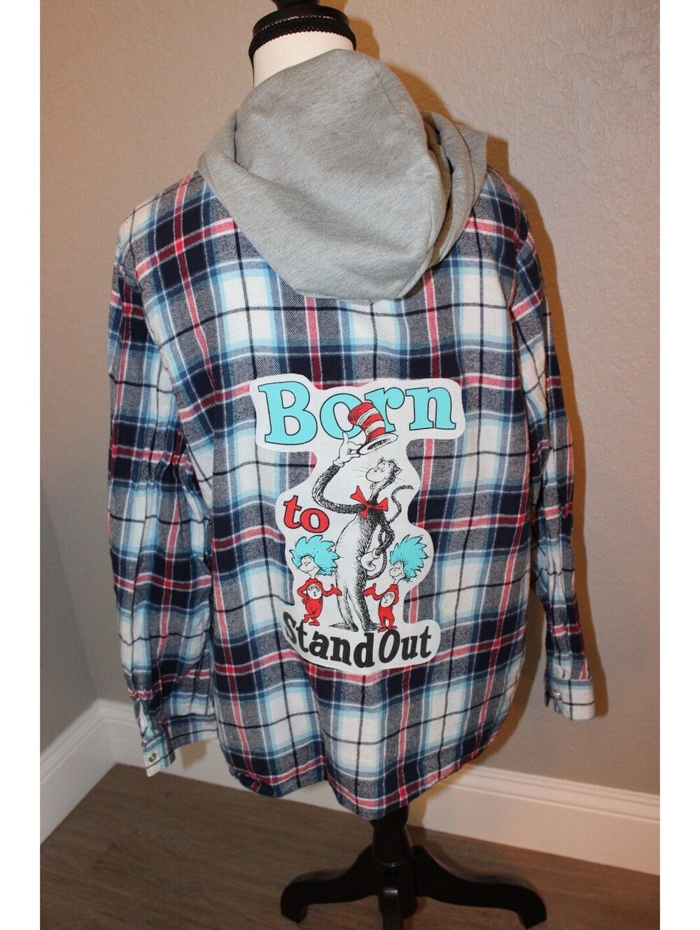 Dr. Seuss Inspired Plaid Flannel Shirt w/ Hood 'Born to Stand Out' Graphic Med